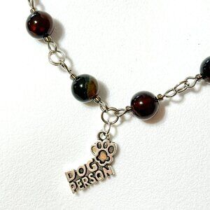 Genuine Dark Brown Agate Necklace, Natural Gemstone & Dog Person Paw Print Charm